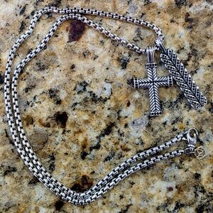 David Yurman Silver Cross Plus Additional Amulet On Yurman 3.7mm Necklace